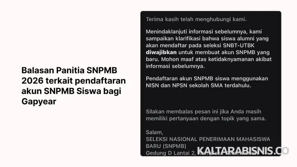 Balasan Panitia SNPMB 2026 terkait pendaftaran akun SNPMB bagi Gapyear - Kaltarabisnis.co