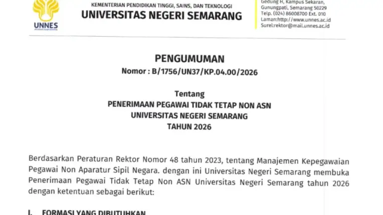 UNNES Buka Rekrutmen Pegawai Tidak Tetap Non-ASN 2026